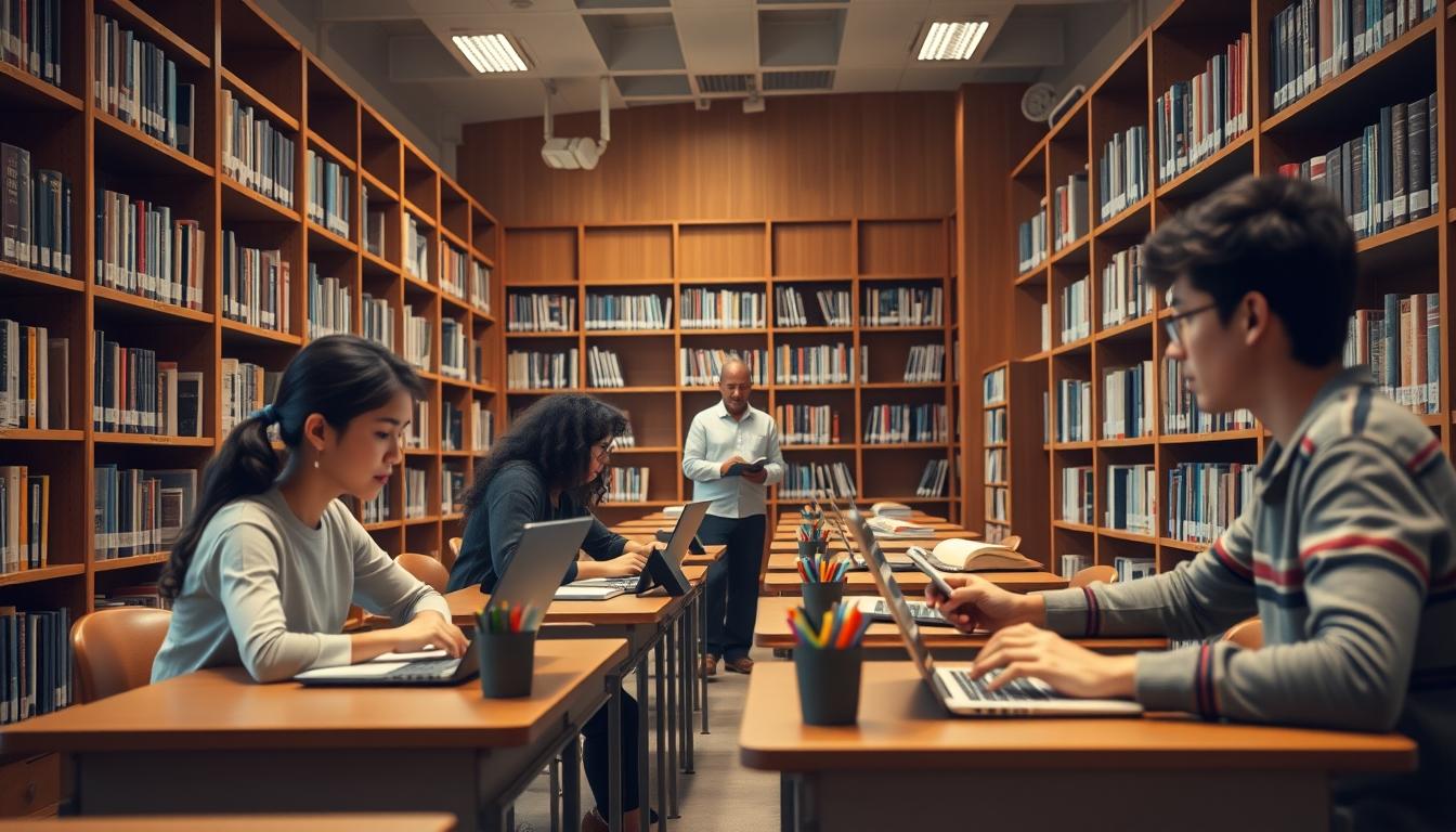 Students studying together in modern classroom